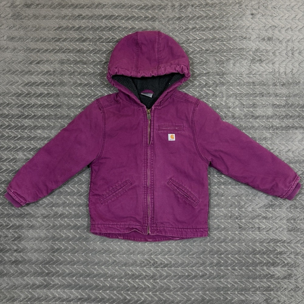 Carhartt Sierra Sherpa Lined Duck Canvas Hooded Jacket Plum Size Youth XXS (4-5)
